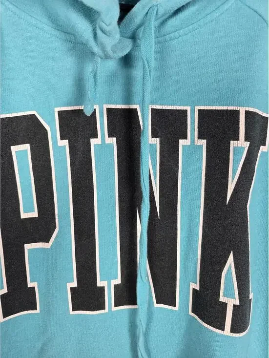 Victorias Secret Pink Logo Hooded Blue Sweater Shirt Pullover XS Oversized - Picture 3 of 5